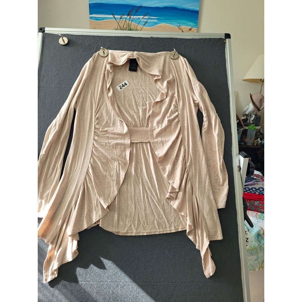 Grace Elements Womens M Beige Knit Open Front Ruffle Cardigan V-Neck Long Slv